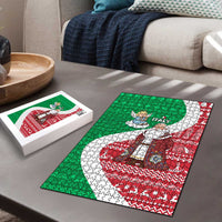 Italy Christmas Puzzle with Pizza Chef Santa Leaning Tower Colosseum and Red Green Holiday Pattern Design - Wonder Print Shop