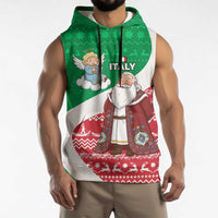 Italy Christmas Sleeveless Hoodie with Pizza Chef Santa Leaning Tower Colosseum and Red Green Holiday Pattern Design - Wonder Print Shop