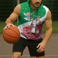 Italy Christmas Sleeveless Zip Hoodie with Pizza Chef Santa Leaning Tower Colosseum and Red Green Holiday Pattern Design - Wonder Print Shop