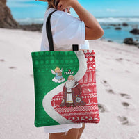 Italy Christmas Tote Bag with Pizza Chef Santa Leaning Tower Colosseum and Red Green Holiday Pattern Design - Wonder Print Shop
