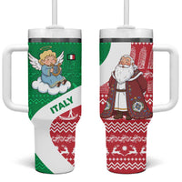 Italy Christmas Tumbler With Handle with Pizza Chef Santa Leaning Tower Colosseum and Red Green Holiday Pattern Design - Wonder Print Shop