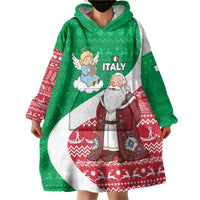 Italy Christmas Wearable Blanket Hoodie with Pizza Chef Santa Leaning Tower Colosseum and Red Green Holiday Pattern Design - Wonder Print Shop