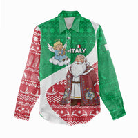 Italy Christmas Women Casual Shirt with Pizza Chef Santa Leaning Tower Colosseum and Red Green Holiday Pattern Design - Wonder Print Shop