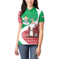 Italy Christmas Women Polo Shirt with Pizza Chef Santa Leaning Tower Colosseum and Red Green Holiday Pattern Design - Wonder Print Shop