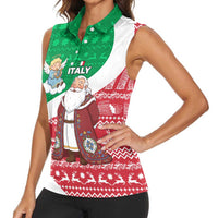 Italy Christmas Women Sleeveless Polo Shirt with Pizza Chef Santa Leaning Tower Colosseum and Red Green Holiday Pattern Design - Wonder Print Shop