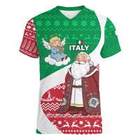 Italy Christmas Women V-Neck T-Shirt with Pizza Chef Santa Leaning Tower Colosseum and Red Green Holiday Pattern Design - Wonder Print Shop