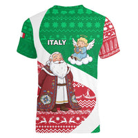 Italy Christmas Women V-Neck T-Shirt with Pizza Chef Santa Leaning Tower Colosseum and Red Green Holiday Pattern Design - Wonder Print Shop