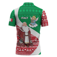 Italy Christmas Zipper Polo Shirt with Pizza Chef Santa Leaning Tower Colosseum and Red Green Holiday Pattern Design - Wonder Print Shop