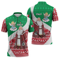 Italy Christmas Zipper Polo Shirt with Pizza Chef Santa Leaning Tower Colosseum and Red Green Holiday Pattern Design - Wonder Print Shop