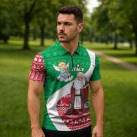 Italy Christmas Zipper Polo Shirt with Pizza Chef Santa Leaning Tower Colosseum and Red Green Holiday Pattern Design - Wonder Print Shop