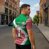 Italy Christmas Zipper Polo Shirt with Pizza Chef Santa Leaning Tower Colosseum and Red Green Holiday Pattern Design - Wonder Print Shop