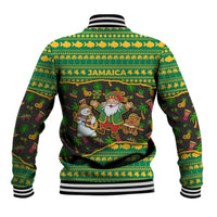 Jamaica Christmas Baseball Jacket with Rasta Santa Snowman Gingerbread Drummer Palm Trees and Green Yellow Knit Pattern Design - Wonder Print Shop
