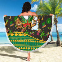 Jamaica Christmas Beach Blanket with Rasta Santa Snowman Gingerbread Drummer Palm Trees and Green Yellow Knit Pattern Design - Wonder Print Shop