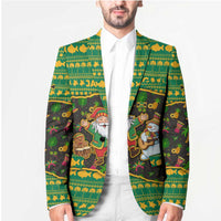 Jamaica Christmas Blazer with Rasta Santa Snowman Gingerbread Drummer Palm Trees and Green Yellow Knit Pattern Design - Wonder Print Shop
