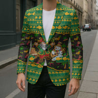 Jamaica Christmas Blazer with Rasta Santa Snowman Gingerbread Drummer Palm Trees and Green Yellow Knit Pattern Design - Wonder Print Shop