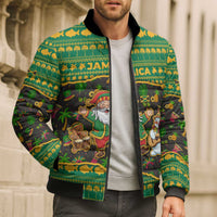 Jamaica Christmas Bomber Puffer Jacket with Rasta Santa Snowman Gingerbread Drummer Palm Trees and Green Yellow Knit Pattern Design - Wonder Print Shop