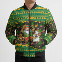 Jamaica Christmas Bomber Puffer Jacket with Rasta Santa Snowman Gingerbread Drummer Palm Trees and Green Yellow Knit Pattern Design - Wonder Print Shop