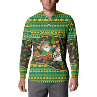 Jamaica Christmas Button Sweatshirt with Rasta Santa Snowman Gingerbread Drummer Palm Trees and Green Yellow Knit Pattern Design - Wonder Print Shop