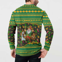 Jamaica Christmas Button Sweatshirt with Rasta Santa Snowman Gingerbread Drummer Palm Trees and Green Yellow Knit Pattern Design - Wonder Print Shop