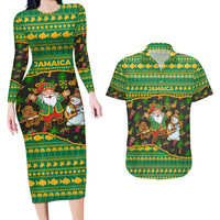 Jamaica Christmas Couples Matching Long Sleeve Bodycon Dress and Hawaiian Shirt with Rasta Santa Snowman Gingerbread Drummer Palm Trees and Green Yellow Knit Pattern Design - Wonder Print Shop