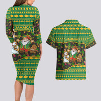 Jamaica Christmas Couples Matching Long Sleeve Bodycon Dress and Hawaiian Shirt with Rasta Santa Snowman Gingerbread Drummer Palm Trees and Green Yellow Knit Pattern Design - Wonder Print Shop
