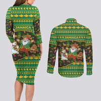 Jamaica Christmas Couples Matching Long Sleeve Bodycon Dress and Long Sleeve Button Shirt with Rasta Santa Snowman Gingerbread Drummer Palm Trees and Green Yellow Knit Pattern Design - Wonder Print Shop