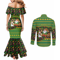 Jamaica Christmas Couples Matching Mermaid Dress and Long Sleeve Button Shirt with Rasta Santa Snowman Gingerbread Drummer Palm Trees and Green Yellow Knit Pattern Design - Wonder Print Shop