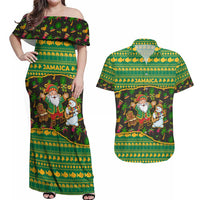 Jamaica Christmas Couples Matching Off Shoulder Maxi Dress and Hawaiian Shirt with Rasta Santa Snowman Gingerbread Drummer Palm Trees and Green Yellow Knit Pattern Design - Wonder Print Shop