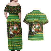 Jamaica Christmas Couples Matching Off Shoulder Maxi Dress and Hawaiian Shirt with Rasta Santa Snowman Gingerbread Drummer Palm Trees and Green Yellow Knit Pattern Design - Wonder Print Shop