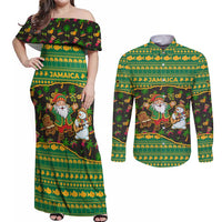 Jamaica Christmas Couples Matching Off Shoulder Maxi Dress and Long Sleeve Button Shirt with Rasta Santa Snowman Gingerbread Drummer Palm Trees and Green Yellow Knit Pattern Design - Wonder Print Shop