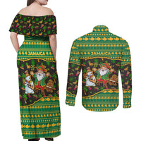 Jamaica Christmas Couples Matching Off Shoulder Maxi Dress and Long Sleeve Button Shirt with Rasta Santa Snowman Gingerbread Drummer Palm Trees and Green Yellow Knit Pattern Design - Wonder Print Shop