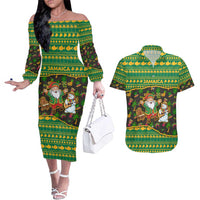 Jamaica Christmas Couples Matching Off The Shoulder Long Sleeve Dress and Hawaiian Shirt with Rasta Santa Snowman Gingerbread Drummer Palm Trees and Green Yellow Knit Pattern Design - Wonder Print Shop