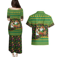 Jamaica Christmas Couples Matching Puletasi and Hawaiian Shirt with Rasta Santa Snowman Gingerbread Drummer Palm Trees and Green Yellow Knit Pattern Design - Wonder Print Shop
