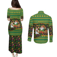 Jamaica Christmas Couples Matching Puletasi and Long Sleeve Button Shirt with Rasta Santa Snowman Gingerbread Drummer Palm Trees and Green Yellow Knit Pattern Design - Wonder Print Shop