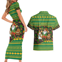 Jamaica Christmas Couples Matching Short Sleeve Bodycon Dress and Hawaiian Shirt with Rasta Santa Snowman Gingerbread Drummer Palm Trees and Green Yellow Knit Pattern Design - Wonder Print Shop