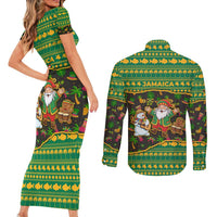 Jamaica Christmas Couples Matching Short Sleeve Bodycon Dress and Long Sleeve Button Shirt with Rasta Santa Snowman Gingerbread Drummer Palm Trees and Green Yellow Knit Pattern Design - Wonder Print Shop