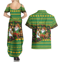 Jamaica Christmas Couples Matching Summer Maxi Dress and Hawaiian Shirt with Rasta Santa Snowman Gingerbread Drummer Palm Trees and Green Yellow Knit Pattern Design - Wonder Print Shop