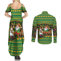 Jamaica Christmas Couples Matching Summer Maxi Dress and Long Sleeve Button Shirt with Rasta Santa Snowman Gingerbread Drummer Palm Trees and Green Yellow Knit Pattern Design - Wonder Print Shop