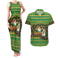 Jamaica Christmas Couples Matching Tank Maxi Dress and Hawaiian Shirt with Rasta Santa Snowman Gingerbread Drummer Palm Trees and Green Yellow Knit Pattern Design - Wonder Print Shop