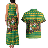 Jamaica Christmas Couples Matching Tank Maxi Dress and Hawaiian Shirt with Rasta Santa Snowman Gingerbread Drummer Palm Trees and Green Yellow Knit Pattern Design - Wonder Print Shop