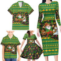 Jamaica Christmas Family Matching Long Sleeve Bodycon Dress and Hawaiian Shirt with Rasta Santa Snowman Gingerbread Drummer Palm Trees and Green Yellow Knit Pattern Design - Wonder Print Shop