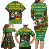 Jamaica Christmas Family Matching Long Sleeve Bodycon Dress and Hawaiian Shirt with Rasta Santa Snowman Gingerbread Drummer Palm Trees and Green Yellow Knit Pattern Design - Wonder Print Shop
