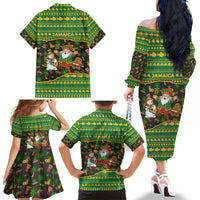 Jamaica Christmas Family Matching Off The Shoulder Long Sleeve Dress and Hawaiian Shirt with Rasta Santa Snowman Gingerbread Drummer Palm Trees and Green Yellow Knit Pattern Design - Wonder Print Shop