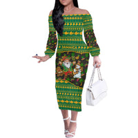 Jamaica Christmas Family Matching Off The Shoulder Long Sleeve Dress and Hawaiian Shirt with Rasta Santa Snowman Gingerbread Drummer Palm Trees and Green Yellow Knit Pattern Design - Wonder Print Shop