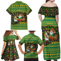 Jamaica Christmas Family Matching Off Shoulder Maxi Dress and Hawaiian Shirt with Rasta Santa Snowman Gingerbread Drummer Palm Trees and Green Yellow Knit Pattern Design - Wonder Print Shop