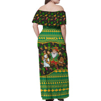 Jamaica Christmas Family Matching Off Shoulder Maxi Dress and Hawaiian Shirt with Rasta Santa Snowman Gingerbread Drummer Palm Trees and Green Yellow Knit Pattern Design - Wonder Print Shop