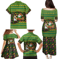 Jamaica Christmas Family Matching Puletasi and Hawaiian Shirt with Rasta Santa Snowman Gingerbread Drummer Palm Trees and Green Yellow Knit Pattern Design - Wonder Print Shop