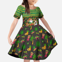 Jamaica Christmas Family Matching Short Sleeve Bodycon Dress and Hawaiian Shirt with Rasta Santa Snowman Gingerbread Drummer Palm Trees and Green Yellow Knit Pattern Design - Wonder Print Shop