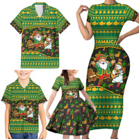 Jamaica Christmas Family Matching Short Sleeve Bodycon Dress and Hawaiian Shirt with Rasta Santa Snowman Gingerbread Drummer Palm Trees and Green Yellow Knit Pattern Design - Wonder Print Shop