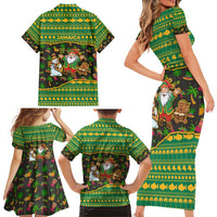 Jamaica Christmas Family Matching Short Sleeve Bodycon Dress and Hawaiian Shirt with Rasta Santa Snowman Gingerbread Drummer Palm Trees and Green Yellow Knit Pattern Design - Wonder Print Shop